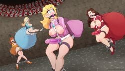 4girls arena ball_gag blonde_hair blue_eyes breasts brown_hair competition female_focus mario_(series) mario_party multiple_girls nintendo nipples pauline princess_daisy princess_peach princess_rosalina restrained scopedout shy_guy standing strap-on yuri