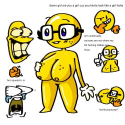 badly_drawn_hands big_breasts big_glasses emoji emoji_(race) freckles kissing nerd nerd_emoji slaynsfw yellow_skin