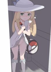 1girls accidental_exposure blonde_hair blonde_pubic_hair blush bottomless dress dress_lift female female_only green_eyes hat heavy_breathing legs light-skinned_female light_skin lillie_(pokemon) nervous pokemon pokemon_sm pubic_hair pussy pussy_juice pussy_juice_drip samidareura shoes solo teenager thighs unaware wardrobe_malfunction