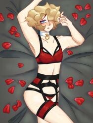 artist bed bed_sheet blonde_hair blonde_male blush crossdressing femboy krill-god_(artist) lingerie male male_in_lingerie pov red_lingerie rose_petals scars self_insert self_upload