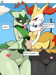 2023 3:4 anthro anthro_only areola biped black_body blush braixen breasts dialogue english_text female floragato furry generation_6_pokemon generation_9_pokemon genitals green_body group heart hi_res human mammal nintendo nipples open_mouth pink_eyes pokémon_(species) pokemon pokemon_(species) pokemon_sv pussy red_eyes san_ruishin speech_bubble text trio yellow_body