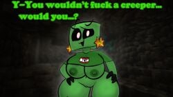 areolae big_breasts breasts breasts_out cave creeper earrings green_skin minecraft nervous shirt_up text thick_thighs