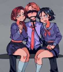 1boy 2girls background_freaks bench blindfold blush bound_wrists femdom friday_night_funkin gag gagged heart-shaped_pupils knee_socks kneehighs kneesocks leash leash_and_collar malesub school_uniform seated senpai_(friday_night_funkin) sitting_on_lap socks white_socks