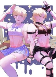 2boys :d abs ambush_(trap) arm_up battle_tendency black_gloves black_nails black_shorts blonde_hair caesar_zeppeli choker collar crossdressing dio_brando evil_smile facial_mark femboy fingerless_gloves gay gloves green_eyes hat heart heart-shaped_pupils jojo's_bizarre_adventure looking_at_viewer male_focus male_only midriff multiple_boys muscular muscular_male navel open_mouth pectorals phantom_blood pubic_tattoo red_eyes short_hair shorts sitting skirt smile symbol-shaped_pupils tattoo thick_thighs thighhighs thighs white_gloves white_thighhighs xiaoming_(724536206)