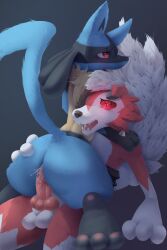 absurd_res anal anal_sex anthro balls blush bodily_fluids canid canine cum digital_media_(artwork) duo erection fur gay generation_4_pokemon generation_7_pokemon genital_fluids genitals hi_res lucario lycanroc male male/male male_penetrated male_penetrating male_penetrating_male mammal midnight_lycanroc nintendo open_mouth penetration penis pokemon pokemon_(species) sex simple_background zbernkastel