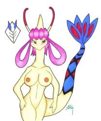 4_fingers after_transformation alternate_species antennae_(anatomy) anthro anthro_only aroused aroused_face aroused_smile bedroom_eyes big_breasts blue_body blue_scales blush breasts brown_eyes emblem enjoying fan_tail female fingers fish generation_2_pokemon generation_3_pokemon hair hair_loop ivanks legendary_pokemon looking_at_viewer lugia marine milotic narrowed_eyes nintendo nipples nude nurse_joy pink_hair pokemon pokemon_(species) red_body red_eyes red_scales scales seductive serpentine simple_background smile solo standing tail tan_body white_background