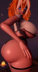 big_ass big_breasts blue_eyes maliciousmisery orange_hair shorts side_view underboob_shirt vrchat vrchat_avatar white_hair_streak