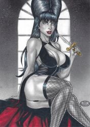 1girls black_hair curvy_body curvy_figure dress ed_benes_studio elvira elvira:_mistress_of_the_dark female female_only fishnet_stockings high_resolution highres huge_breasts legwear looking_at_viewer mature_female milf older_female rudimar_patrocinio solo solo_female stockings underwear voluptuous voluptuous_female