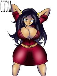 amber_eyes arms_behind_head big_breasts black_hair boondocks breasts clothed clothed_female dark-skinned_female giygal long_hair looking_at_viewer red_dress simple_background tagme tan-skinned_female the_boondocks thick_thighs white_background