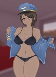 1girls black_bikini blue_eyes blue_shirt blushing bob_cut brown_body brown_hair brown_skin captain_sydney_(unturned) coalition hat large_breasts looking_at_viewer moistcorn presenting stripping unturned