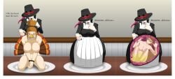 black_hair black_lipstick bound_and_gagged clothing digestion digestive_fluids glasses large_breasts mimic_hat original_character pilgrim sequence shibekutaato_(artist) thanksgiving_2022 turkey_costume unwilling_prey voka_vorewitch vore witch x-ray xray_view