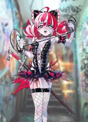 cleavage dominatrix fishnet_legwear fishnet_stockings fishnets gurumie1229 hololive hololive_indonesia hololive_indonesia_holoro kureiji_ollie leather leather_corset looking_at_viewer patchwork_skin small_breasts virtual_youtuber whip zombie zombie_girl