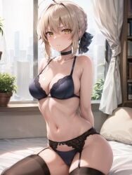 1girls ai_generated alternate_breast_size artoria_pendragon artoria_pendragon_(alter) blonde_hair breasts commission fate/grand_order fate/stay_night fate_(series) female gold_eyes indoors large_breasts lingerie pale-skinned_female pale_skin saber_alter stable_diffusion thighs