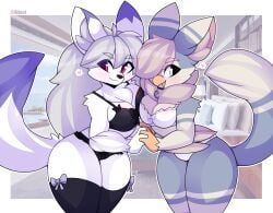 2girls anthro anthro_only big_breasts bra breast_press breasts duo female female_only furry furry_female furry_only miikotorii panties red_eyes skimpy skimpy_clothes stockings tail thick_thighs thighhighs underwear underwear_only wide_hips