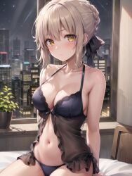 1girls ai_generated alternate_breast_size artoria_pendragon artoria_pendragon_(alter) blonde_hair breasts commission fate/grand_order fate/stay_night fate_(series) female gold_eyes indoors large_breasts lingerie pale-skinned_female pale_skin saber_alter stable_diffusion thighs