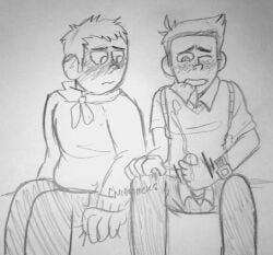 2boys biting_clothes blushing_profusely dean_venture gripping_sheets hank_venture incest male_only masturbation toony twins uncircumcised venture_brothers watching_masturbation yaoi