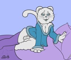 anthro anthro_only balls bed felid feline fluffy furniture genitals gynomorph intersex mammal mystery-goop pillow solo the_needlecraft_coupon_cat