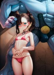 1girls about_to_be_champed ai_generated bikini cameltoe covered_nipples imminent_sex machamp marnie_(pokemon) penis_under_clothes pokemon pokemon_(species) pokemon_ss size_difference small_breasts stable_diffusion