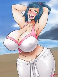 armpits beach big_breasts bikini blush gundam gundam_build_fighters heart-shaped_pupils iori_rinko long_hair mature_female milf nipple_outline one_eye_closed stevemanart