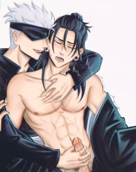 2boys ahe_gao black_hair cum cumshot gay handjob jujutsu_kaisen male_only masturbation muscular_male open_mouth satoru_gojo suguru_geto white_hair xo_romiiarts