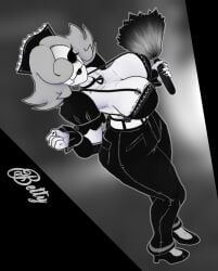 alternate_outfit bendy_and_the_dark_revival bendy_and_the_ink_machine betty_(bendy_and_the_dark_revival) black_legwear black_lipstick british_female cally3d clazzey cryptiacurves duster grey_hair high_heels jeans lingerie_bra solo_female white_body