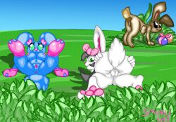 accessory anthro anus black_eyes black_hair blue_body bow_ribbon brown_body cotton_bunny_(smurli) easter easter_bunny easter_egg female female/female fifi_(smurli) genitals grass green_eyes group hair hair_accessory hair_ribbon hairbow holidays lagomorph leg_markings mammal markings nude plant presenting presenting_anus presenting_pussy pussy ribbons simple_background smurli socks_(marking) trio white_body