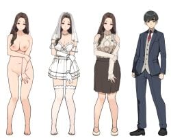 1boy bare_shoulders black_footwear black_hair blue_jacket blue_pants breasts brown_skirt brown_sweater censored cleavage collared_shirt completely_nude dress female full_body gloves grey_vest jacket jewelry kirin_kakeru large_breasts long_hair long_sleeves looking_at_viewer navel necklace necktie nipples nude original pants pearl_necklace pussy red_eyes red_necktie school_uniform seamed_gloves shirt short_hair simple_background skirt socks standing sweater thigh_socks thighhighs veil vest wedding_dress white_background white_footwear white_gloves white_shirt white_socks white_thighhighs yellow_eyes