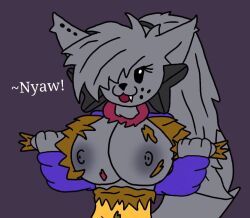 1girls 4_fingers absurd_res anthro areolae big_breasts black_eyes breasts cat_girl clothing ear_piercing eyelashes feline female female female_focus female_only friday_night_funkin friday_night_funkin_mod fur furry grey_body grey_fur grey_hair grey_tail hair_over_one_eye kapi kapi_(paperkitty) long_hair partially_clothed ripped_clothing ripped_clothing rule_63 simple_background smile solo solo_focus standing tagme text