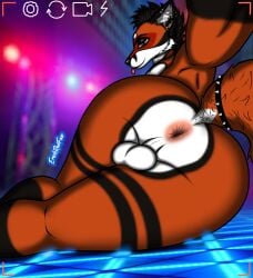 anthro anus ass balls big_butt black_ears black_hair black_nose bottomwear bracelet brown_eyes bulge butt_focus camera_hud camera_phone camera_view canid canine clothing detailed_background ear_piercing erickredfox fox fur genitals hair hi_res jewelry lights looking_at_viewer male mammal multicolored_body multicolored_fur neon neon_lights pants piercing red_body red_fox red_fur redrick_(erickredfox) selfie smile smiling_at_viewer spiked_bracelet spikes spread_butt spreading tail thick_thighs tongue tongue_out two_tone_body two_tone_fur white_body white_fur