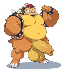 1boy 2023 analon_(artist) anthro armband balls ballsack barazoku belly biceps big_balls big_belly big_muscles big_penis bowser bracelet claws collar erection eyebrows flexing foreskin genitals green_head hand_on_hip hi_res horns huge_balls huge_cock huge_muscles humanoid_genitalia humanoid_penis intact jewelry koopa long_foreskin looking_at_viewer male male_only mario_(series) musclegut muscles muscular_anthro muscular_male navel nintendo nude_male orange_skin overweight overweight_anthro overweight_male pecs penis red_hair scalie scrotum shadow shell simple_background smile smooth_penis solo spiked_armband spiked_bracelet spiked_collar spiked_shell spiked_tail spikes spikes_(anatomy) standing teeth testicles thick_penis thick_thighs toomanyboners uncut unretracted_foreskin white_background yellow_countershading