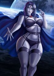 1girls artist_signature blue_cape blue_eyes breasts cape cleavage dc dc_comics deviantart_username earth female female_only flowerxl front_view grey-skinned_female grey_skin hourglass_figure koriand'r large_breasts looking_at_viewer object_request only_female pinup purple_hair purple_mouth rachel_roth raven_(dc) short_hair solo solo_female space_background straight straight_hair teen_titans thick_thighs tight_clothing wide_hips