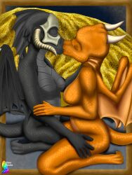 absurd_res affectionate anthro big_breasts black_dragon_(dnd) bone_plates border breasts cave closed_eyes coin copper_dragon_(dnd) digital_media_(artwork) dragon dragon_(dnd) dungeons_and_dragons duo female female/female frill_(anatomy) glistening glistening_body gold_(metal) gold_coin hasbro hi_res horn kiss_on_lips kissing kneeling membrane_(anatomy) membranous_wings metallic_dragon_(dnd) money non-mammal_breasts nude scalie spikes spread_wings sufficient_gravitas tail treasure western_dragon wings wizards_of_the_coast