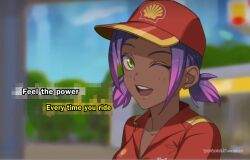 cap dark-skinned_female dark_skin ear_piercing female green_eyes purple_hair shell shellgirl smile translated