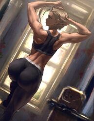 1girls ass ass_focus blonde_hair cammy_white capcom female female_only fully_clothed hands_behind_head infi_mt muscular muscular_female short_hair solo solo_female spine sports_bra sportswear street_fighter street_fighter_6