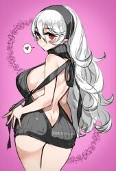 1girls ass ass_cleavage backless_dress backless_outfit bare_back breasts butt_crack corrin_(fire_emblem) corrin_(fire_emblem)_(female) covered_nipples dress female female_only fire_emblem fire_emblem_fates from_behind hairband halterneck heart large_breasts light-skinned_female light_skin long_hair looking_at_viewer looking_back manakete meme_attire milf naked_sweater negiwo nintendo no_bra no_panties no_underwear pointy_ears red_eyes ribbed_sweater ribbon sideboob simple_background smile solo spoken_heart sweater sweater_dress thighs turtleneck turtleneck_sweater twitter_username vermadis2x virgin_killer_sweater white_hair