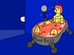 ambiguous_gender anthro bathroom bathtub blinking blue_background bored breasts bubble digital_drawing_(artwork) digital_media_(artwork) dot_eyes duo exposed_bone exposed_breasts felid female food food_creature hair hi_res humanoid larger_female mammal metal peaking red_ears red_hair red_water shower simple_background sitting size_difference smile starving text waterian white_body yellow_body yellow_feet