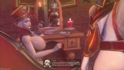 2girls 3d blizzard_entertainment blue_skin draenei huge_breasts human human_(world_of_warcraft) light-skinned_female light_skin red_eyes reey_art sally_whitemane scarlet_crusade warcraft white_hair world_of_warcraft