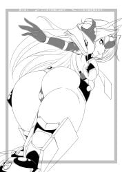 1girls ass bent_over big_ass blazblue breasts fat_ass from_behind highres huge_ass legs long_hair looking_at_viewer looking_back medium_breasts monochrome mu-12 noel_vermillion sideboob solo thick_thighs thighs