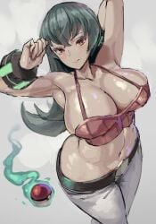 1girls belt belt_buckle breasts cable_knit camisole cleavage cleavage_overflow female game_freak green_hair gym_leader hip_cleavage huge_breasts kazo large_breasts long_hair low_rise low_rise_jeans navel nintendo overflowing_breasts pokemon pokemon_rgby red_eyes sabrina_(pokemon) sabrina_(pokemon_hgss) slim_waist sweater tank_top taut_belly thick_thighs thighs tight_clothing white_pants