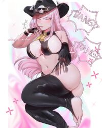 barefoot bell_collar big_breasts black_bra chaichne collar cowboy_hat cowgirl gloves hololive hololive_english hololive_myth horny horny_female long_hair looking_at_viewer lying lying_on_side mori_calliope mori_calliope_(sheriff) pink_eyes pink_hair text thick_thighs virtual_youtuber