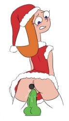 anal ass blue_eyes blush candace_flynn christmas christmas_outfit dildo dildo_in_ass dildo_in_pussy double_penetration long_neck looking_back masturbating masturbation no_panties orange_hair penetration phineas_and_ferb pussy_juice sex_toy stockings white_background