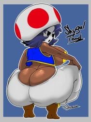 1girls ass ass_cleavage backboob big_ass big_breasts breasts bubble_ass bubble_butt butt_crack dark-skinned_female fat_ass female huge_ass jyto mario_(series) mask nipple_pasties pasties purple_hair shy_gal thick_ass thick_thighs toad_(mario) toad_(mario)_(cosplay) wide_hips