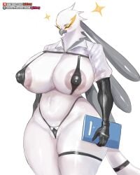 accipitriform aggressive_retsuko anthro areola avian big_breasts bird breasts female genitals girlsay hi_res huge_breasts nipple_outline pussy pussy_floss sanrio secretary_bird secretary_washimi smooth_fur solo thick_thighs