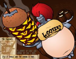 advertisement advertising armor belly boots chubby chubby_belly delver_(looters) fat fat_belly giant_sword hamburger helmet helmet_covering_face helmet_over_eyes huge_breasts hyper hyper_ass hyper_hyper_thighs knight looters_(neoclassical_succubus) medieval_armour milkshake mug neoclassical_succubus obese sword tagme waitress weapon