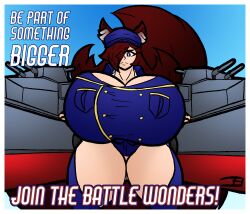 admiral_ballast_(neoclassical_succubus) battle_wonder battle_wonder_unit brown_hair female fluffy_tail from_below huge_thighs hyper_ass hyper_breasts hyper_tail neoclassical_succubus one_eye_covered propaganda propaganda_poster purple_eyes rig_(battle_wonders) tagme thick_thighs wolf_ears wolf_tail