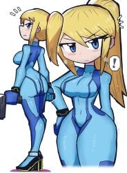 1girls akimbo bodysuit boots bracelet cleavage exclamation_point eyelashes_visible_through_hair female_focus full_body fully_clothed glisteninng hand_on_hip looking_at_viewer metroid nintendo ponytail samus_aran serious solo solo_female solo_focus standing text_bubble thick_ass tony_welt tools weapon white_background zero_suit_samus