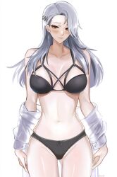 1girls black_bra black_lingerie black_panties bow_panties bra breasts button_down_shirt earrings grey_hair large_breasts light-skinned_female light_skin lingerie long_hair looking_at_viewer midriff navel panties persona persona_5 red_eyes sae_niijima shirt shirt_removed tommietomm tommy_(kingdukeee) white_shirt