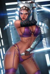 1girls ahsoka_tano alternate_version_available armwear ayyasap big_breasts blue_eyes dark_lipstick death_star female fit_female gloves gold_jewelry high_resolution highres jedi jedi_master jedi_padawan jewelry lekku lightsaber looking_at_viewer orange_skin patreon patreon_reward purple_lingerie realistic_background realistic_textures shaved_pussy skimpy_underwear star_wars stockings the_mandalorian thick_hips thick_thighs togruta