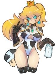 1girls binelu01 blonde_hair blue_eyes breasts brooch collar cow_print cow_print_leotard crown dakusuta earrings elbow_gloves female female_only gloves highleg highleg_leotard holding_bottle large_breasts leotard long_hair long_ponytail looking_at_viewer mario_(series) milk milk_bottle mushroom nintendo ponytail power_up princess_peach solo standing super_mario_bros. thighhighs tied_hair v