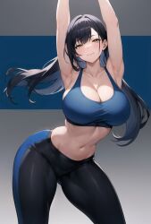 1girls ai_generated black_hair breasts female gym_uniform hi_res huge_breasts light-skinned_female light_skin long_hair midriff naughty_face navel original original_character slim_waist sports_bra sportswear stable_diffusion stuffyai thick_thighs yellow_eyes yoga_pants